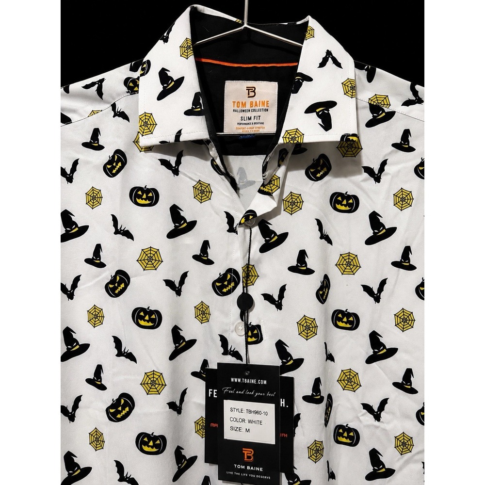 Tom Baine Halloween Collection Slim Fit Mens Shirt M White  Pumpkin & Bat Print